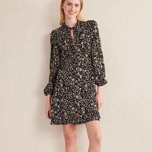 Boden Black Wildflower Paisley Floral Tie Neck Blouson Sleeve Shirt Dress